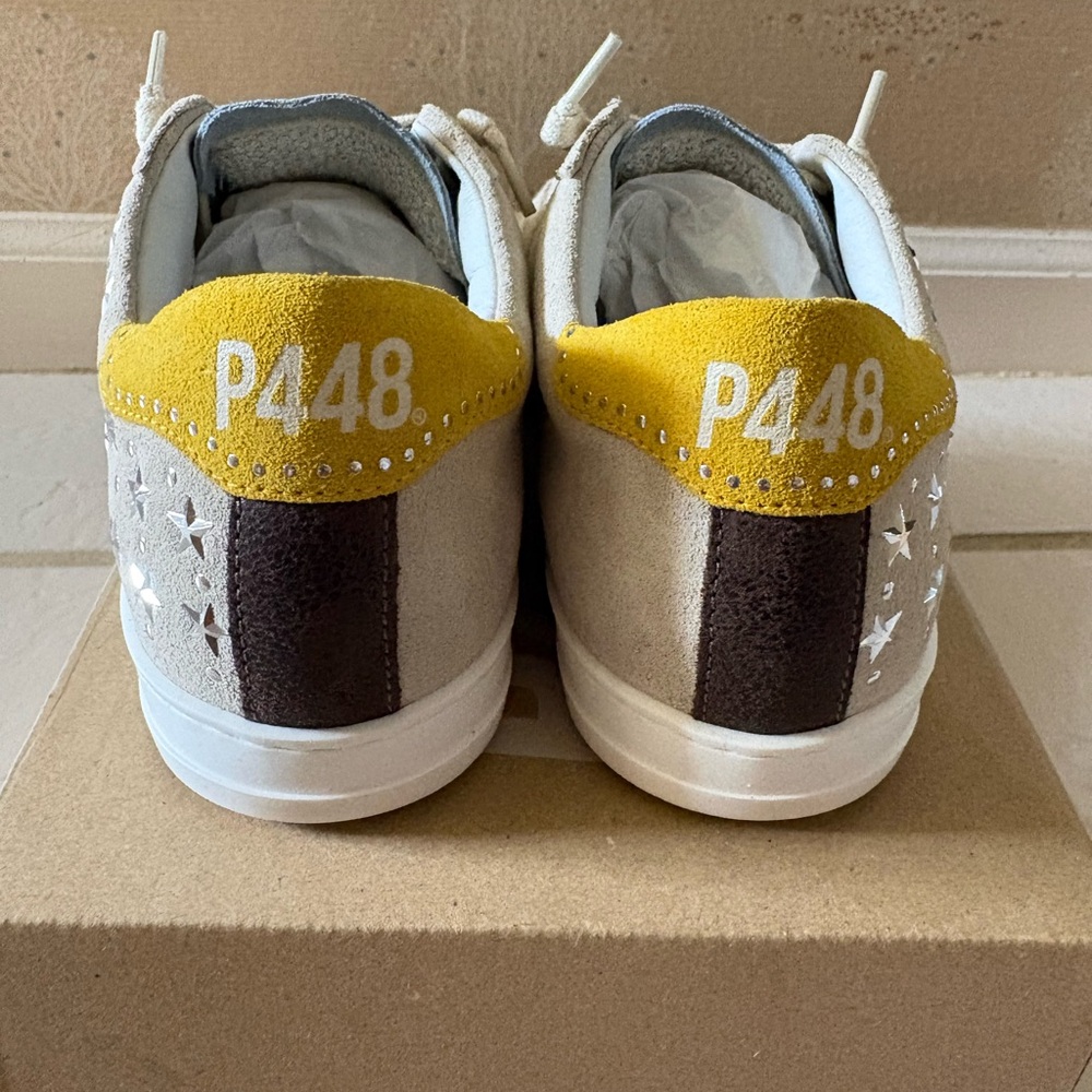 P448 Beige Suede Low-Top Sneakers with Yellow Heel - Picture 3 of 8
